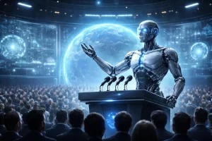 EUDOXIA, imágen generada por iA. Un robot humanoide en un podio ante un auditorio de humanos espectadores realizando una presentación en hologramas 3D